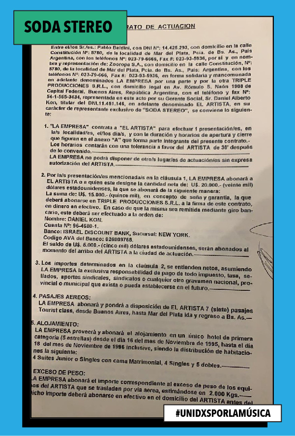 Los fanáticos de Soda Stéreo pueden estar interesados en un contrato original de la banda. 