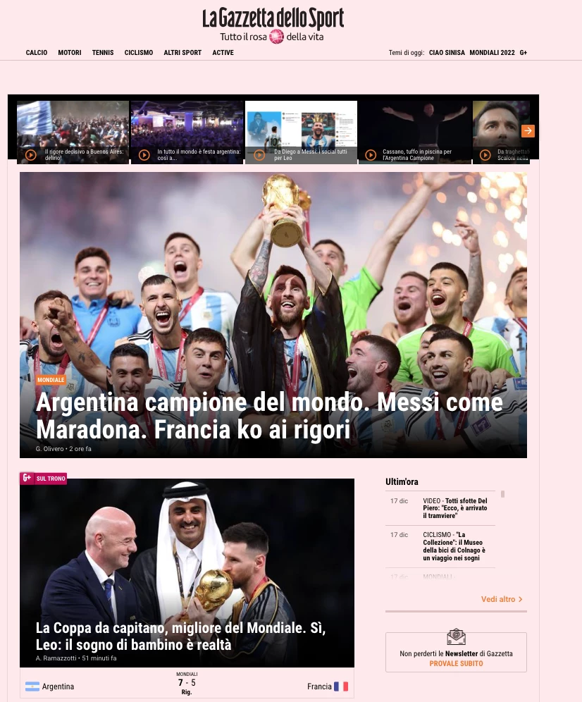 La Gazzetta dello Sport cubre el título de Argentina en Qatar