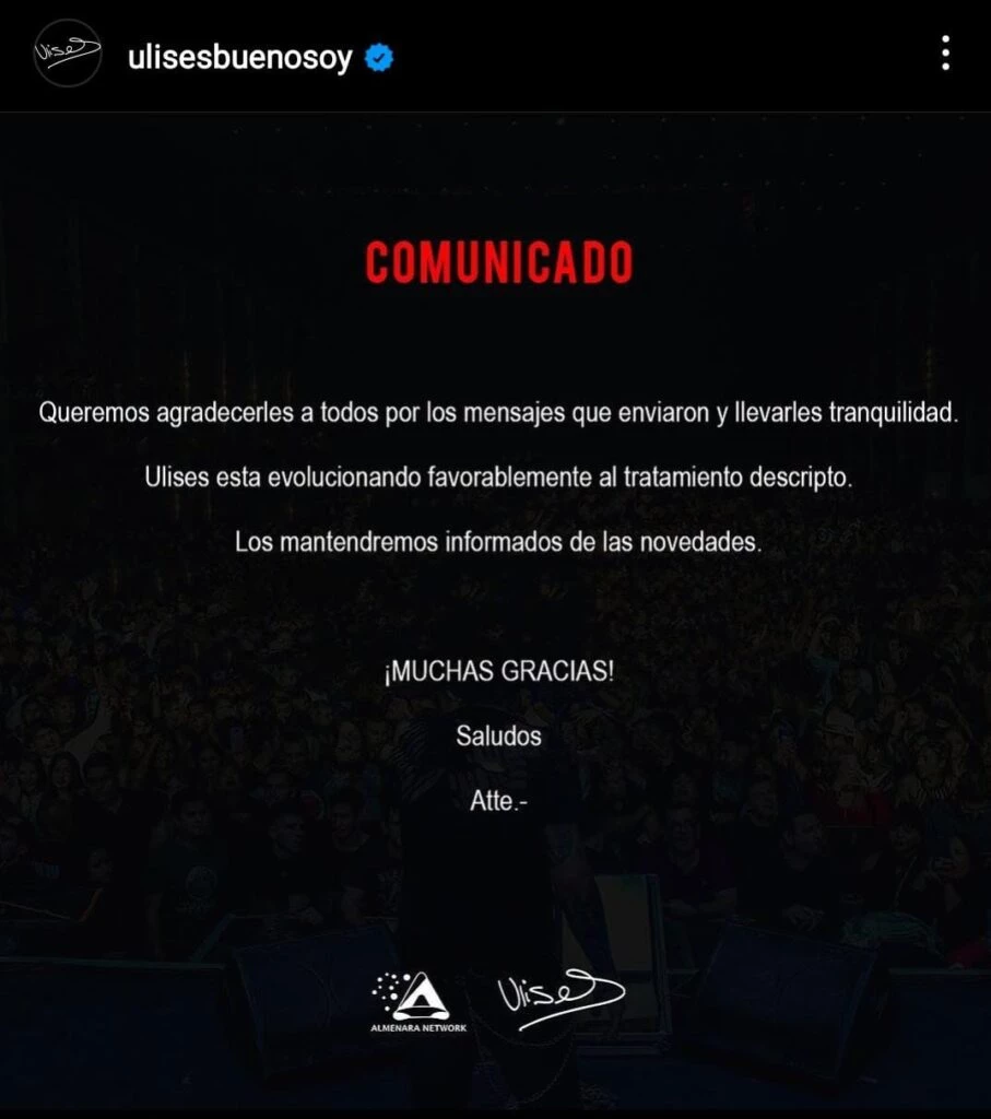 Comunicado lanzado desde la cuenta de Ulises Bueno. Foto redes sociales.