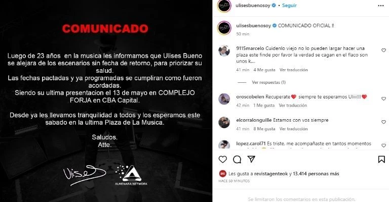 Comunicado del equipo de Ulises bueno. Foto captura de pantalla