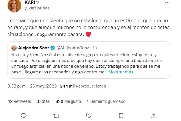Mensaje de Karina a Alejandro Sanz. Foto captura de pantalla.