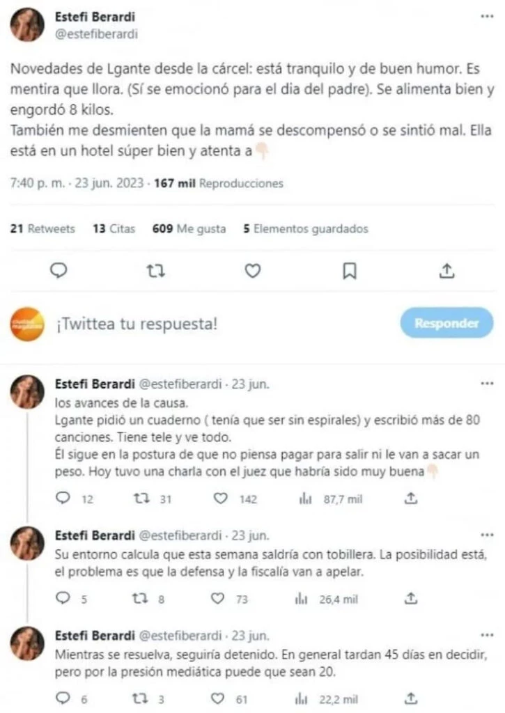 Estefi Berardi informó sobre el estado de L-Gante. Captura de pantalla. 