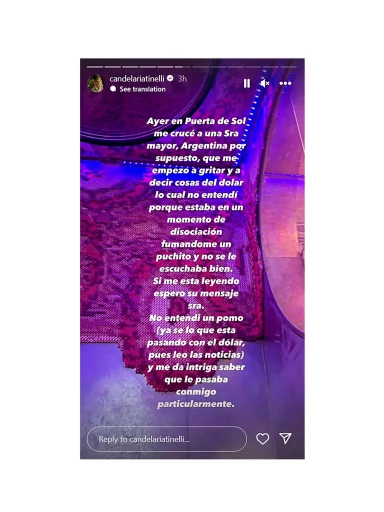 El descargo de Cande Tinelli en sus redes. Captura de pantalla. 