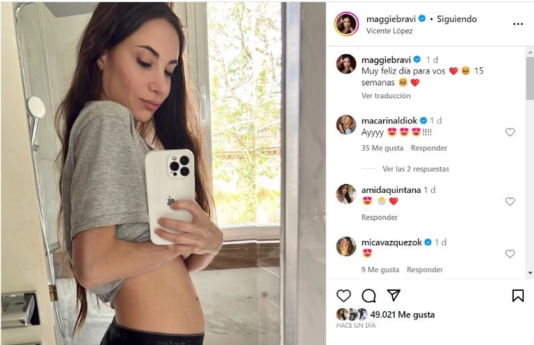 Magui Bravi mostró su panza de 15 emanas. Captura de pantalla.