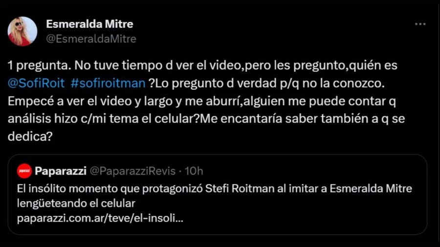 Esmeralda Mitre apuntó contra Stefi Roitman. Captura de pantalla. 