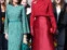 La monarca de nacionalidad argentina posa con la reina española que luce un vestido verde azulado al cuerpo con manga estilo capa y stilettos nude.