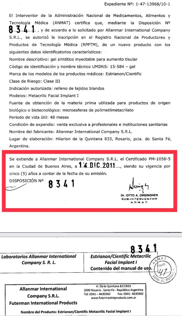 Resolución de diciembre 2011 de la ANMAT donde autoriza el PMMA incluso indicado de modo específico para aumento de glúteos y pantorrillas
