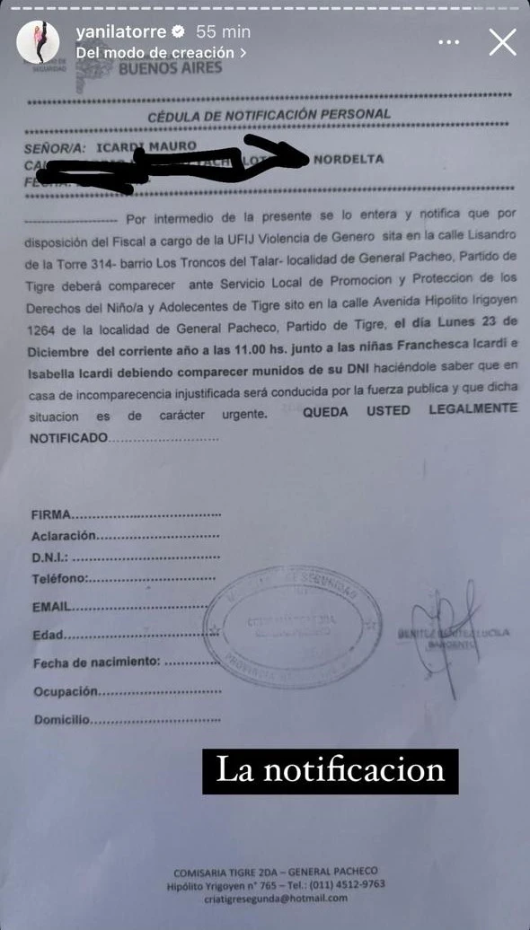 La notificación que recibió Mauro Icardi.
