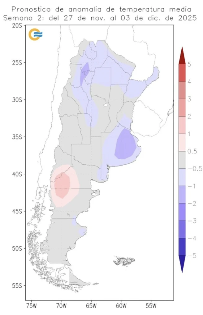 Otro gráfico relata las anomalías de la temperatura para las próximas dos semanas.  