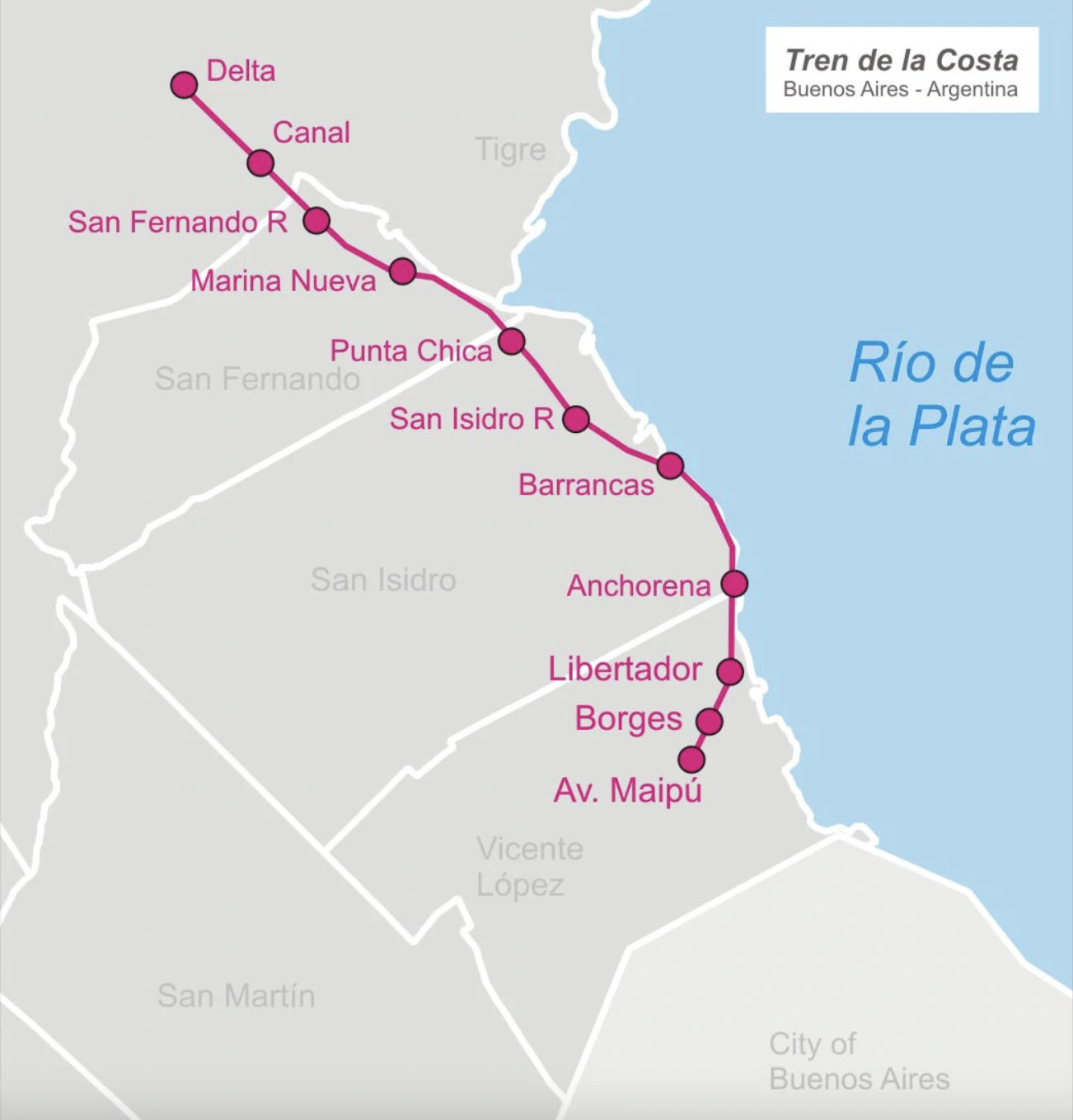 Las estaciones del Tren de la Costa que va del partido de Vicente López hasta el de Tigre, a metros del famoso Parque de la Costa.