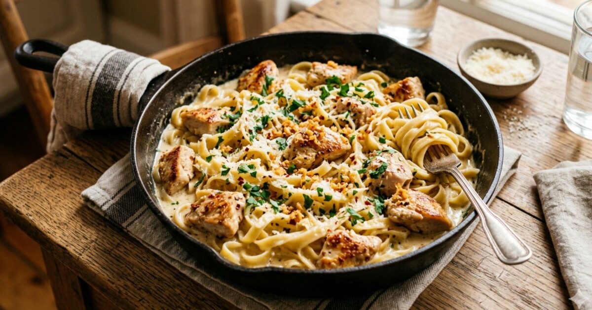 Fideos cremosos con pollo y ajo: la receta rápida que se hace en una sola sartén y salva cualquier cena