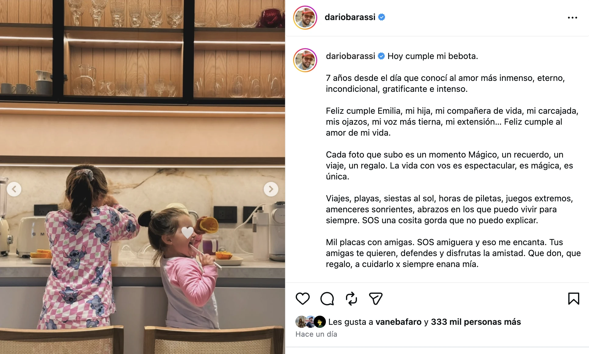 El posteo con el que Barassi festejó los 7 años de su hija.