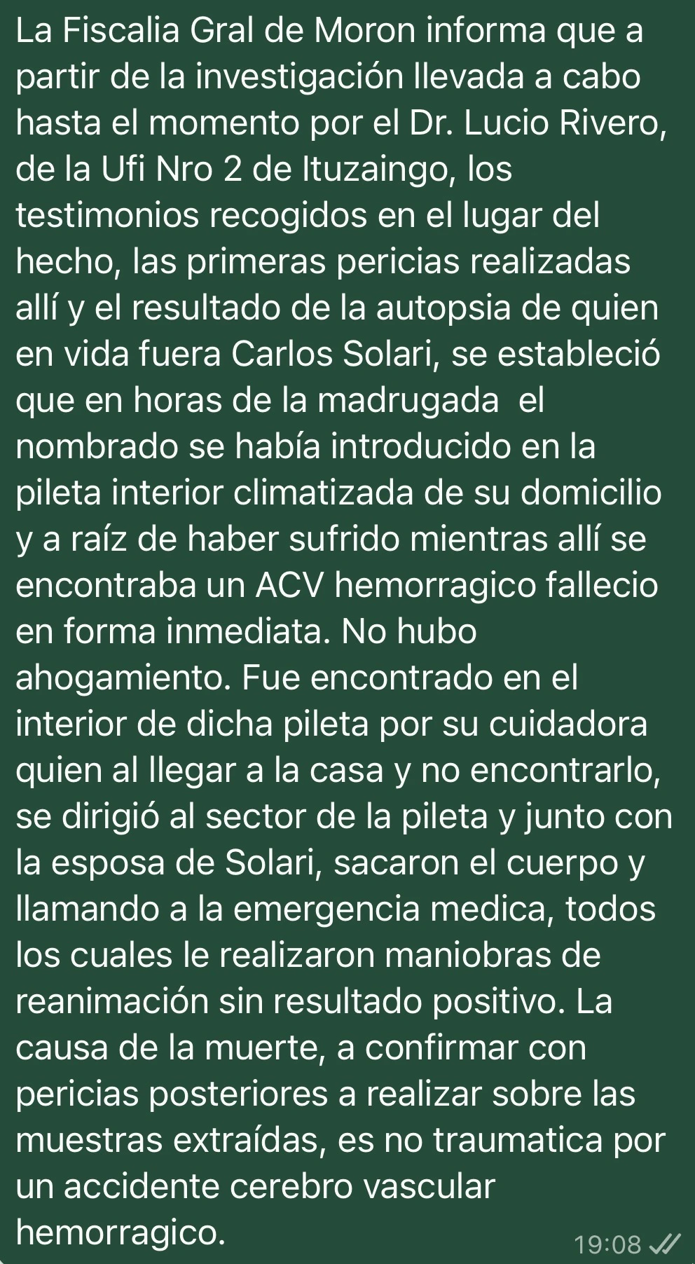 El parte oficial difundido por la fiscalía a través de WhatsApp. 