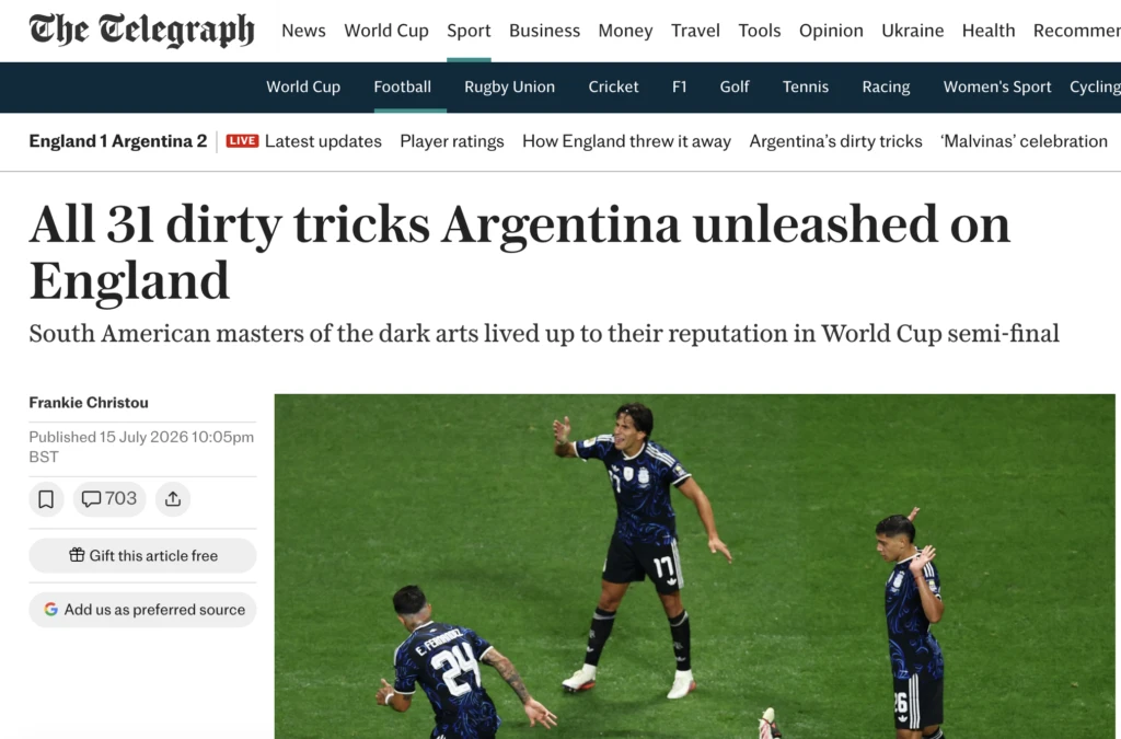 La nota se titula "Las 31 artimañas sucias que Argentina empleó contra Inglaterra" y en la bajada, explican que "los maestros sudamericanos de las artes oscuras hicieron honor a su reputación en la semifinal de la Copa del Mundo".