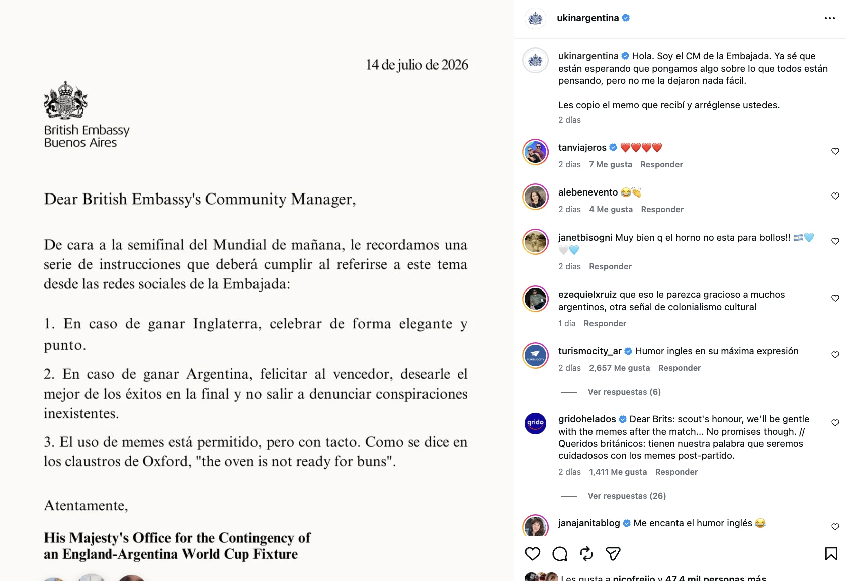Uno de los posteos irónicos de la Embajada en la previa del partido. 