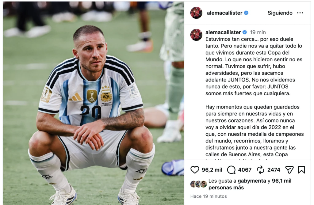 El jugador eligió Instagram para hablarle a los argentinos.