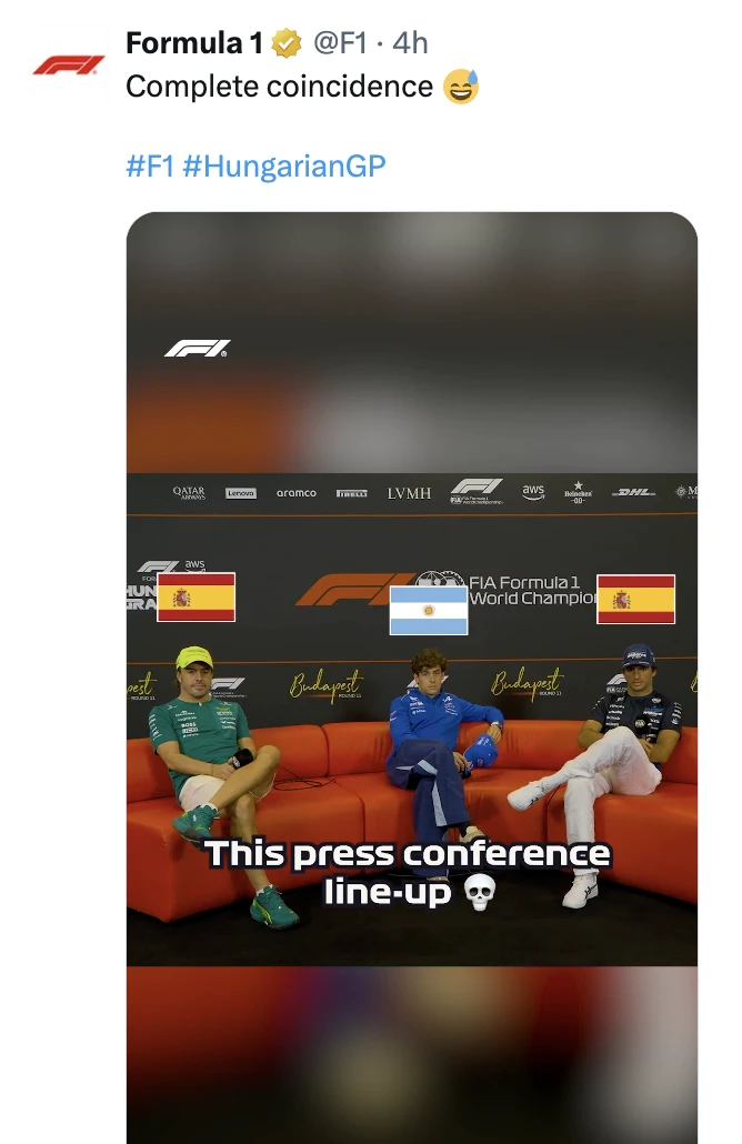 Hasta la cuenta de la F1 bromeó con el encuentro entre los españoles y el argentino. 