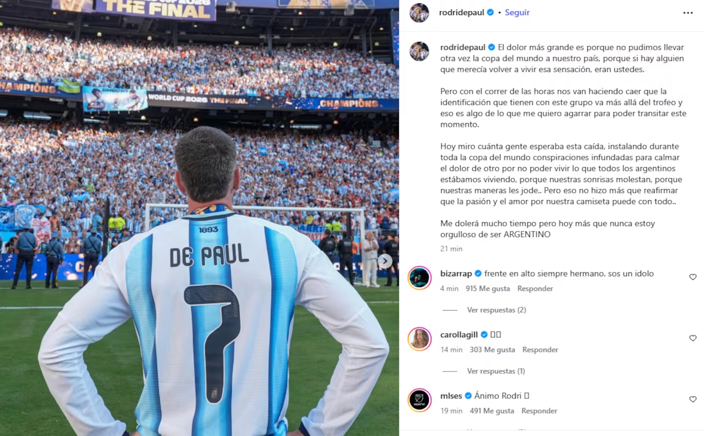 El posteo de Rodrigo de Paul.