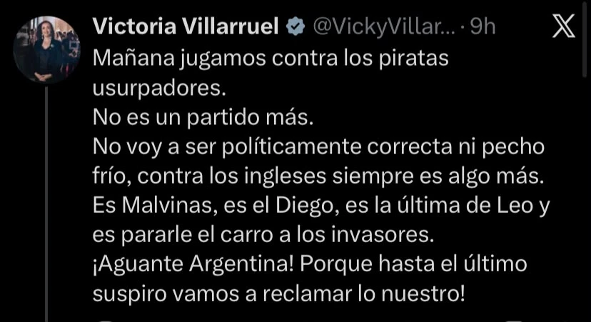 "Piratas usurpadores": el fuerte mensaje de la vicepresidenta Victoria Villarruel antes del partido contra Inglaterra