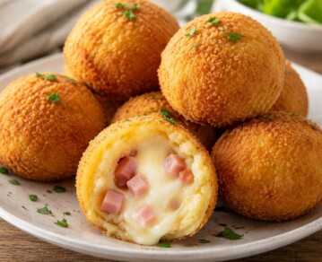 Bomba de papa rellena de jamón y queso: la receta fácil, crocante y bien cremosa