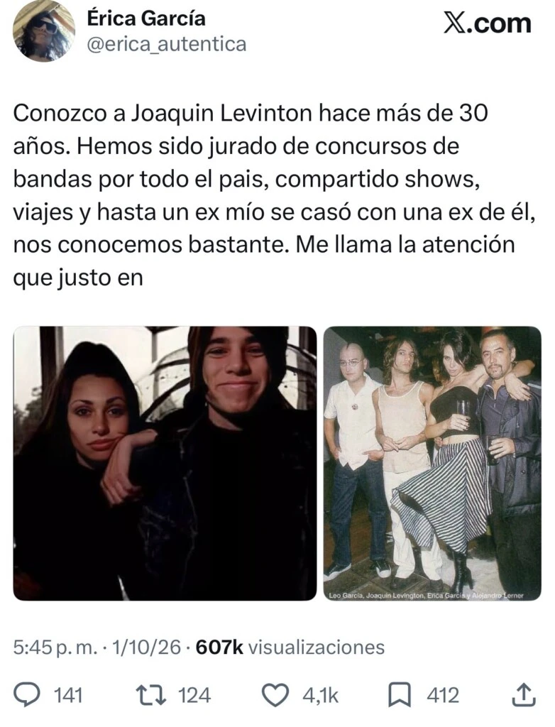 Los tuits de Érica García acerca de la denuncia que recibió Joaquín Levinton
